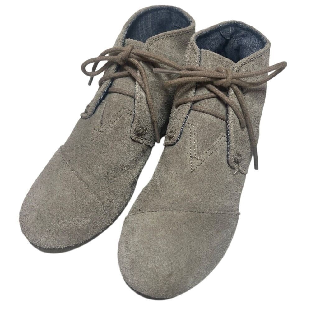 Toms Dessert Wedge Woman's Beige Suede Leather Lace Up Boots US 5  Eu 37
